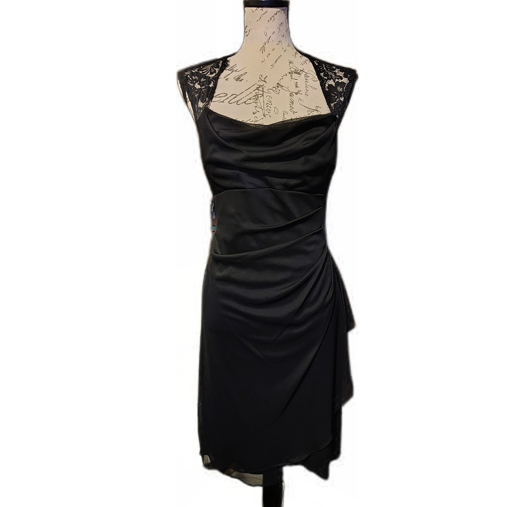 Scarlett Black Lace Keyhole Open Back Ruched Cowl Neck Cocktail Sheath Dress 10